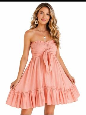 Amazon Coral Strapless Tie-Front Ruffle Mini Dress
